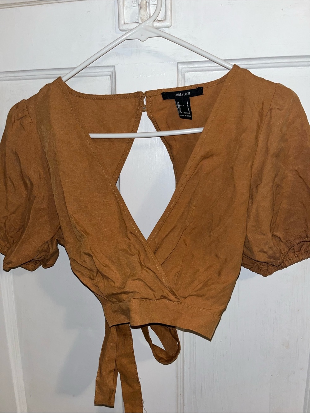 Forever 21 Mustard Wrap Crop Top with Puff Sleeves